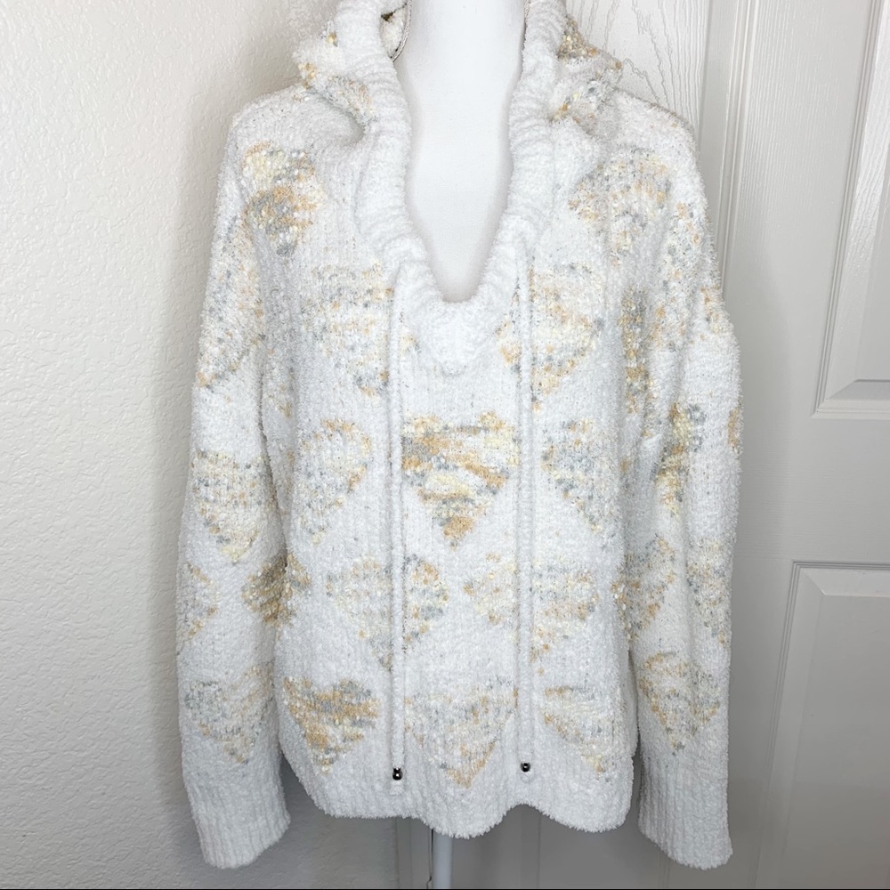 POL Heart Print Hi-Lo Sweater-Wht/Almond Large